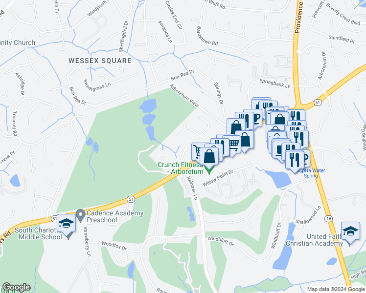 map of restaurants, bars, coffee shops, grocery stores, and more near 3436 Chilham Place in Charlotte