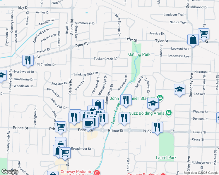 map of restaurants, bars, coffee shops, grocery stores, and more near 16 Woodbridge Drive in Conway