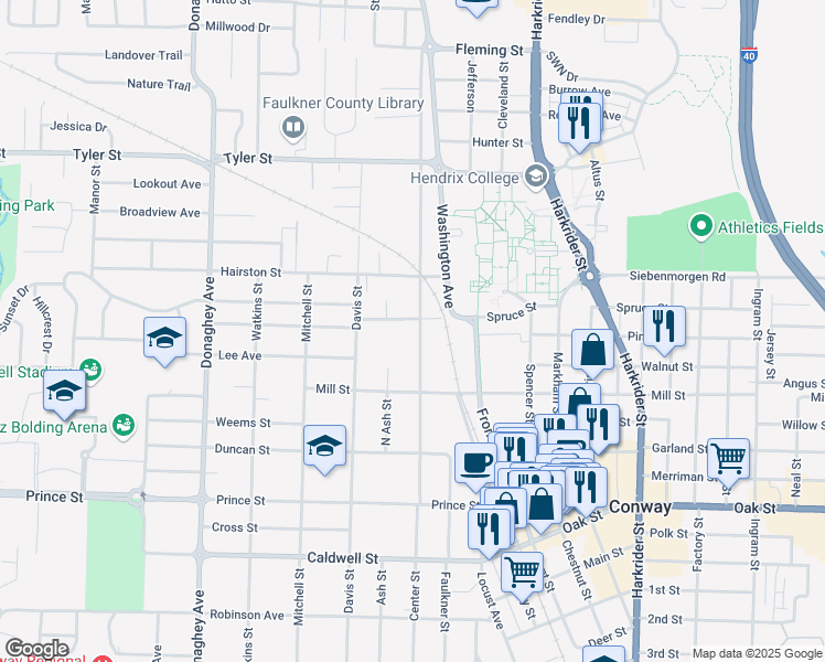 map of restaurants, bars, coffee shops, grocery stores, and more near 1311 Clifton Street in Conway