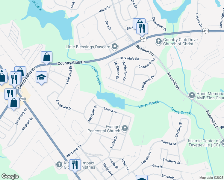 map of restaurants, bars, coffee shops, grocery stores, and more near 3442 Bennett Drive in Fayetteville