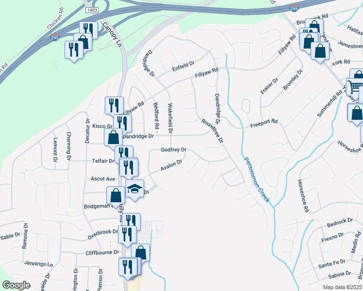map of restaurants, bars, coffee shops, grocery stores, and more near 7226 Godfrey Drive in Fayetteville