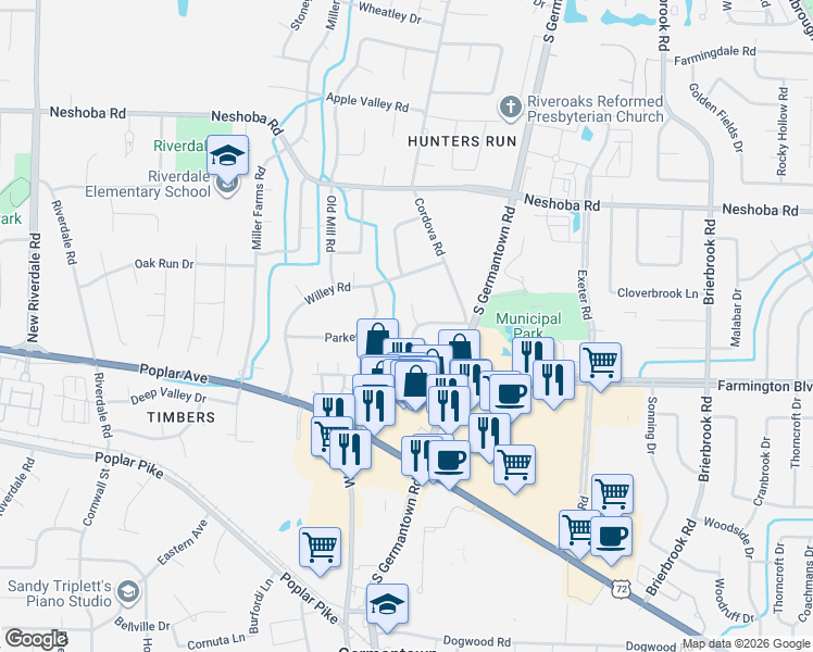 map of restaurants, bars, coffee shops, grocery stores, and more near 7604 Ashworth Road in Germantown