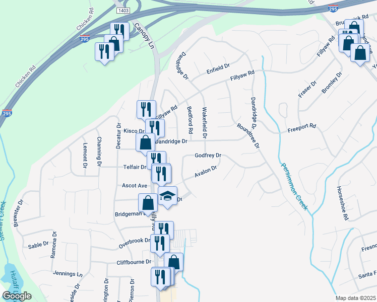 map of restaurants, bars, coffee shops, grocery stores, and more near 7247 Godfrey Drive in Fayetteville