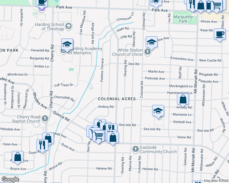 map of restaurants, bars, coffee shops, grocery stores, and more near 1269 South Perkins Road in Memphis