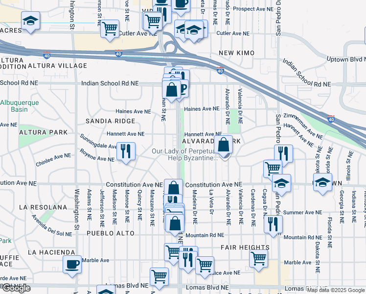 map of restaurants, bars, coffee shops, grocery stores, and more near 1900-1970 San Mateo Boulevard Northeast in Albuquerque
