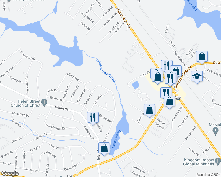 map of restaurants, bars, coffee shops, grocery stores, and more near 1601 Boros Drive in Fayetteville