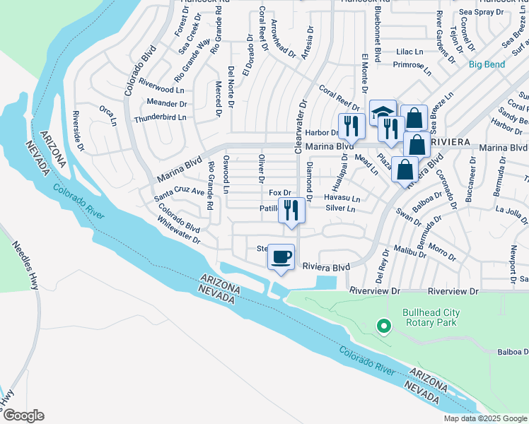 map of restaurants, bars, coffee shops, grocery stores, and more near 432 Patillo Drive in Bullhead City
