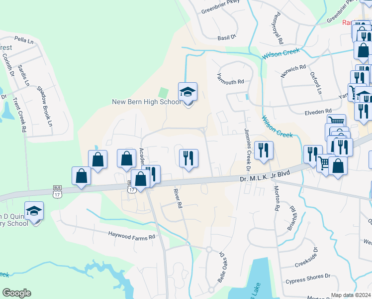 map of restaurants, bars, coffee shops, grocery stores, and more near 4026 Arbor Green Way in New Bern