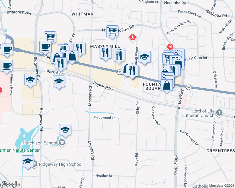 map of restaurants, bars, coffee shops, grocery stores, and more near 1905 West Oak Shadows Circle in Memphis