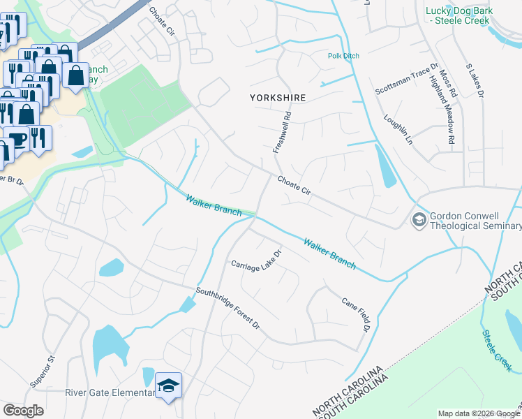 map of restaurants, bars, coffee shops, grocery stores, and more near 14529 Smith Road in Charlotte