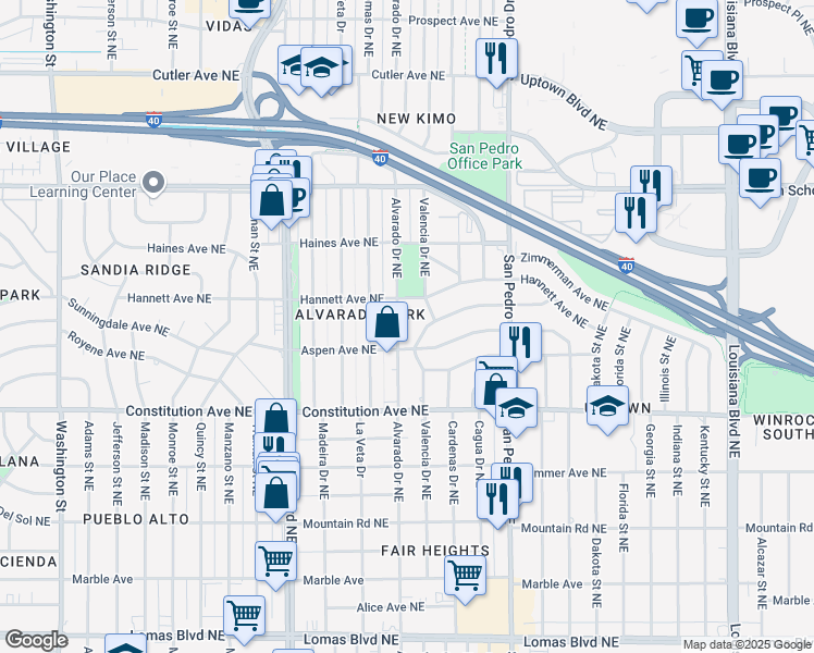 map of restaurants, bars, coffee shops, grocery stores, and more near 5600 Princess Jeanne Avenue Northeast in Albuquerque
