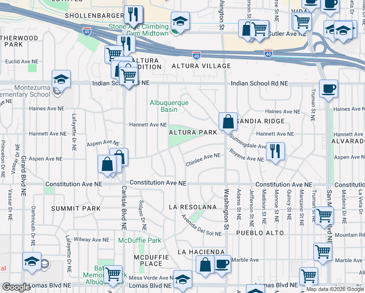 map of restaurants, bars, coffee shops, grocery stores, and more near 4201 Royene Avenue Northeast in Albuquerque
