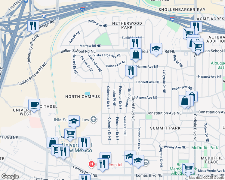 map of restaurants, bars, coffee shops, grocery stores, and more near 1308 Lobo Place Northeast in Albuquerque