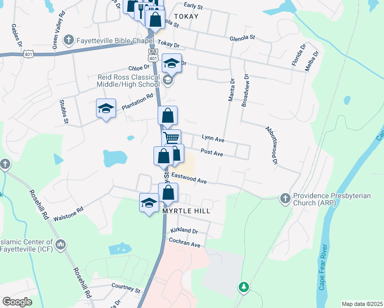 map of restaurants, bars, coffee shops, grocery stores, and more near 206 Post Avenue in Fayetteville