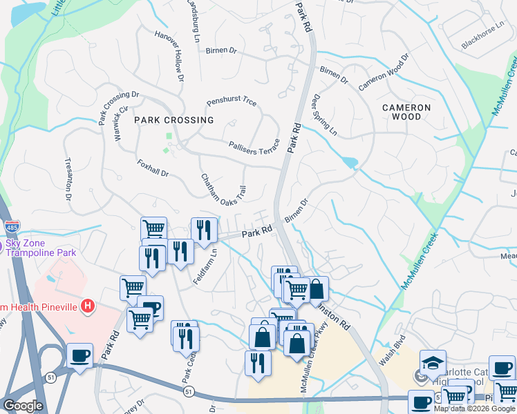 map of restaurants, bars, coffee shops, grocery stores, and more near 10921 Oakside Court in Charlotte