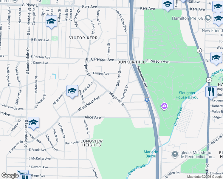 map of restaurants, bars, coffee shops, grocery stores, and more near 1828 Marjorie Street in Memphis