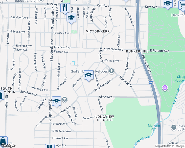 map of restaurants, bars, coffee shops, grocery stores, and more near 1603 Benton Street in Memphis