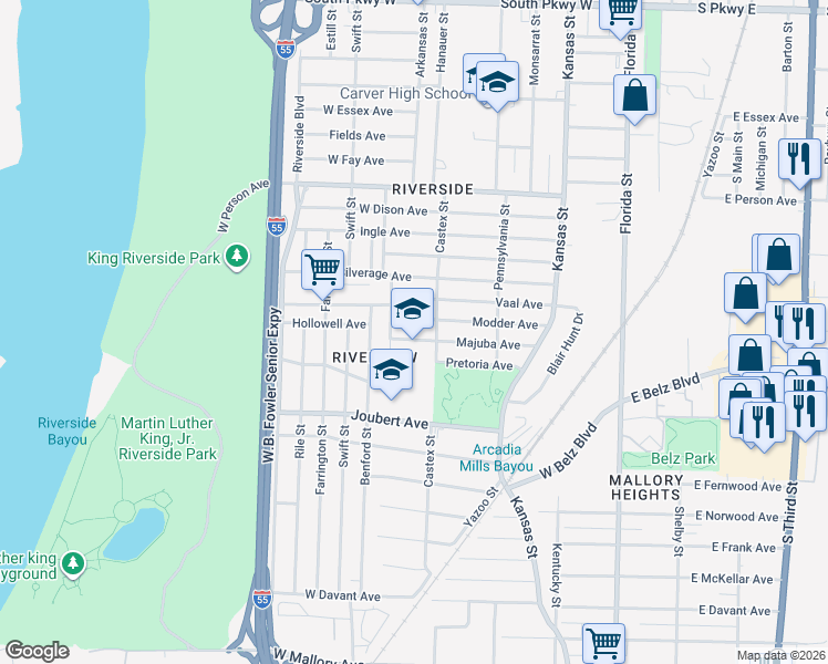 map of restaurants, bars, coffee shops, grocery stores, and more near 231 Majuba Avenue in Memphis