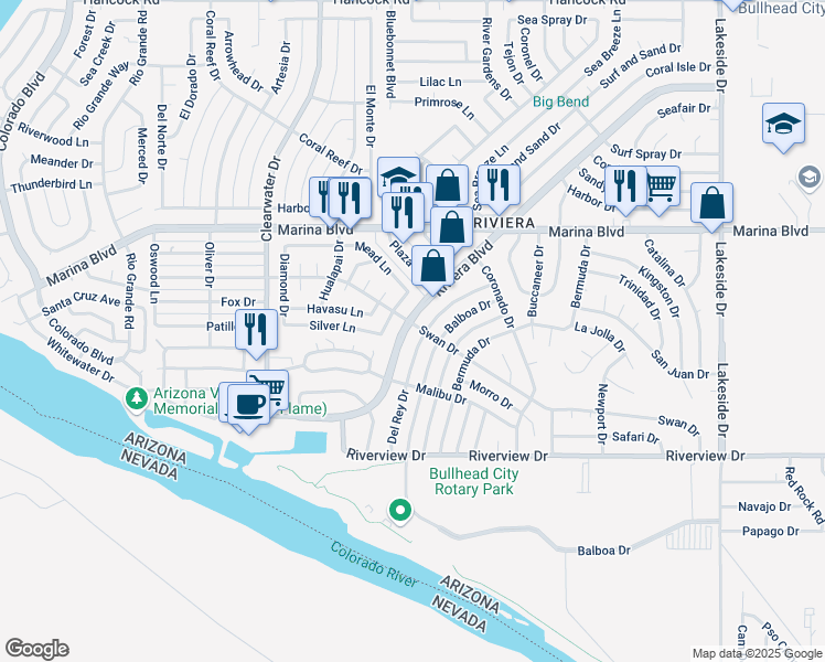 map of restaurants, bars, coffee shops, grocery stores, and more near 2141 Riviera Boulevard in Bullhead City