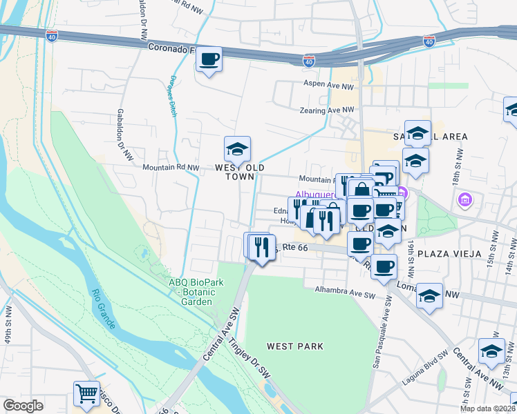 map of restaurants, bars, coffee shops, grocery stores, and more near 2430 Edna Avenue Northwest in Albuquerque