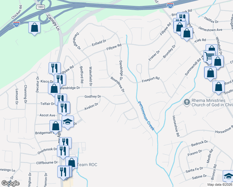 map of restaurants, bars, coffee shops, grocery stores, and more near 7214 Godfrey Drive in Fayetteville