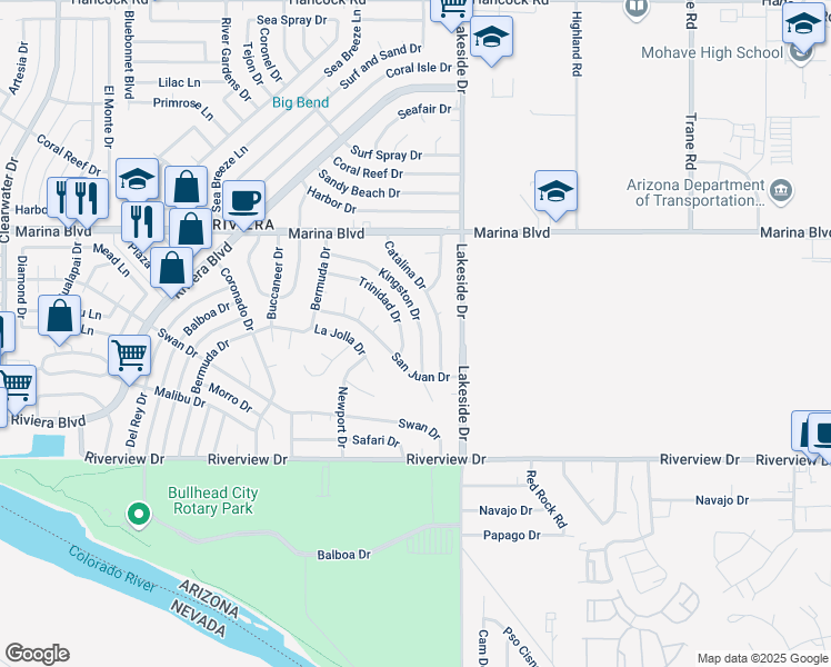 map of restaurants, bars, coffee shops, grocery stores, and more near 2109 Kingston Drive in Bullhead City
