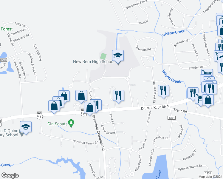 map of restaurants, bars, coffee shops, grocery stores, and more near 4211 Arbor Green Way in New Bern