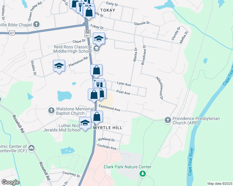 map of restaurants, bars, coffee shops, grocery stores, and more near 206 Post Avenue in Fayetteville