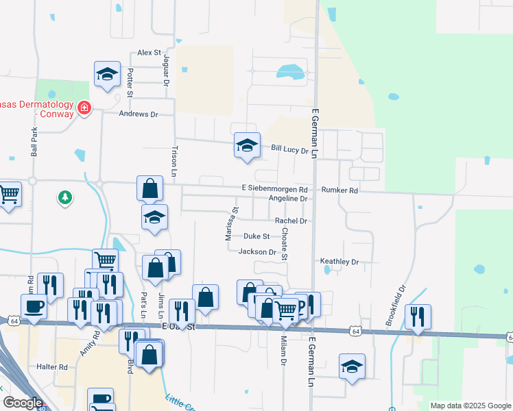 map of restaurants, bars, coffee shops, grocery stores, and more near 1415 Ola Street in Conway