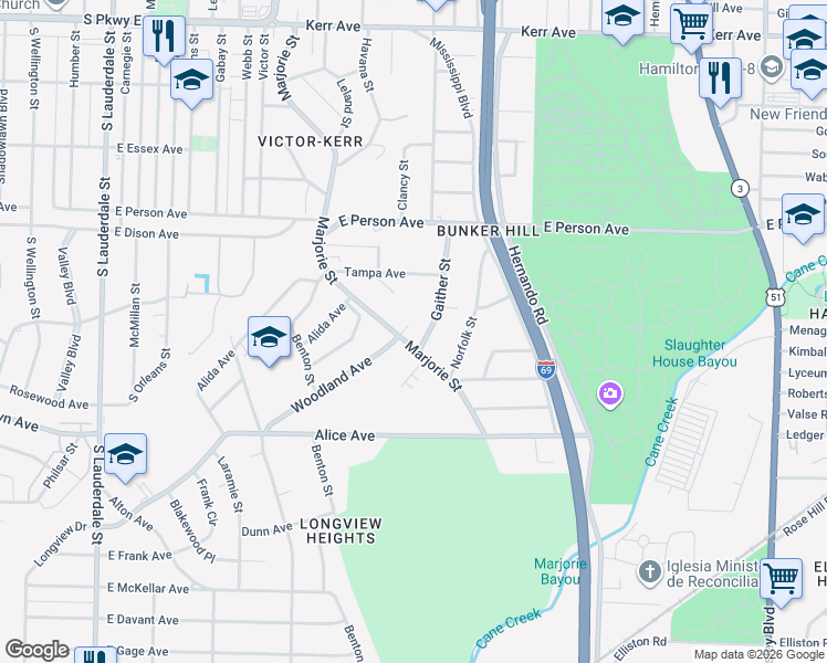 map of restaurants, bars, coffee shops, grocery stores, and more near 1828 Marjorie Street in Memphis
