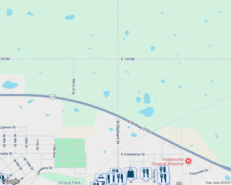 map of restaurants, bars, coffee shops, grocery stores, and more near 3229 North 372 Road in Holdenville