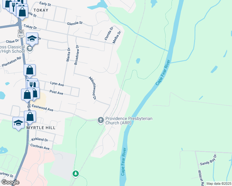 map of restaurants, bars, coffee shops, grocery stores, and more near 3024 Copenhagen Drive in Fayetteville