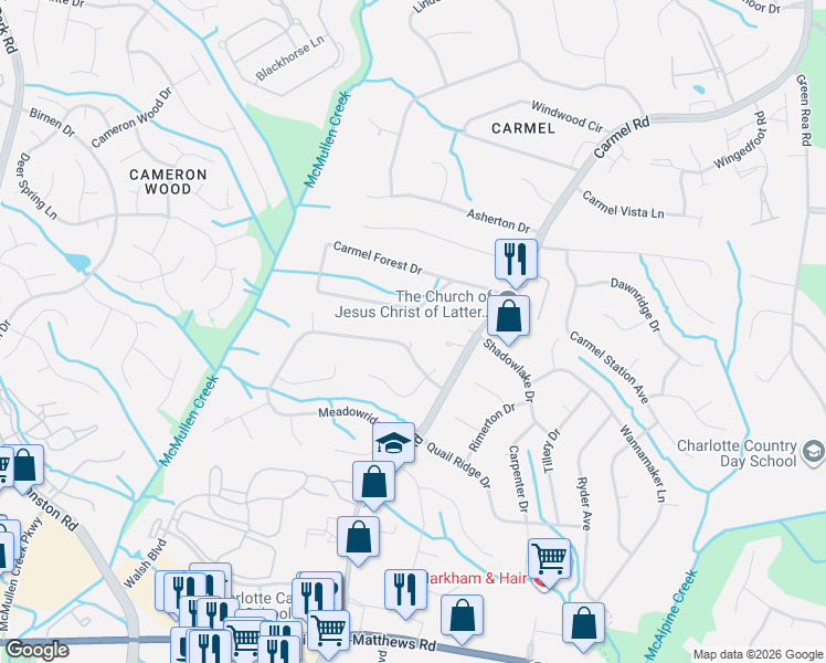 map of restaurants, bars, coffee shops, grocery stores, and more near 3915 Meadowridge Drive in Charlotte