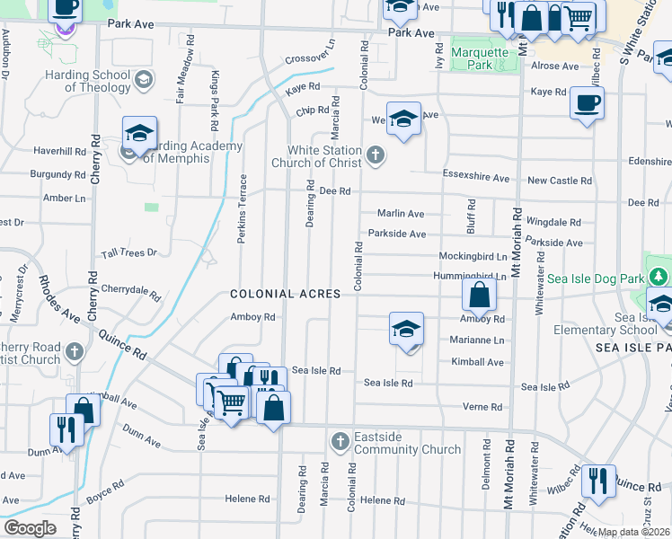 map of restaurants, bars, coffee shops, grocery stores, and more near 1269 Colonial Road in Memphis