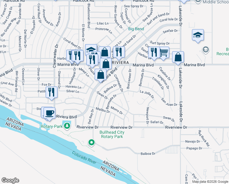 map of restaurants, bars, coffee shops, grocery stores, and more near 2115 Bermuda Drive in Bullhead City