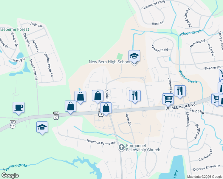 map of restaurants, bars, coffee shops, grocery stores, and more near 4013 Copperfield Drive in New Bern