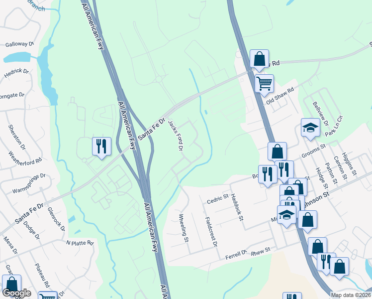 map of restaurants, bars, coffee shops, grocery stores, and more near 1960 Jacks Ford Drive in Fayetteville