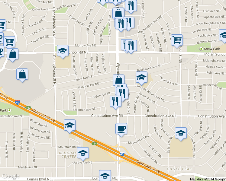 map of restaurants, bars, coffee shops, grocery stores, and more near 8128 Aspen Avenue Northeast in Albuquerque