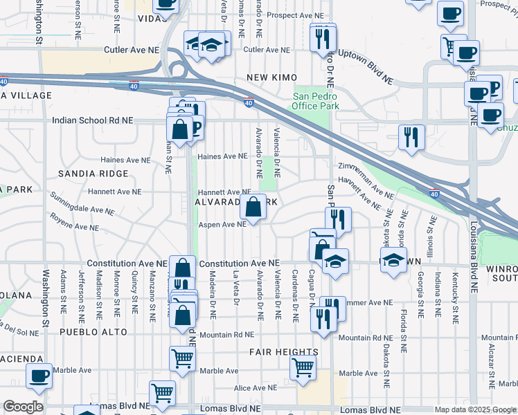 map of restaurants, bars, coffee shops, grocery stores, and more near 1901 Alvarado Drive Northeast in Albuquerque