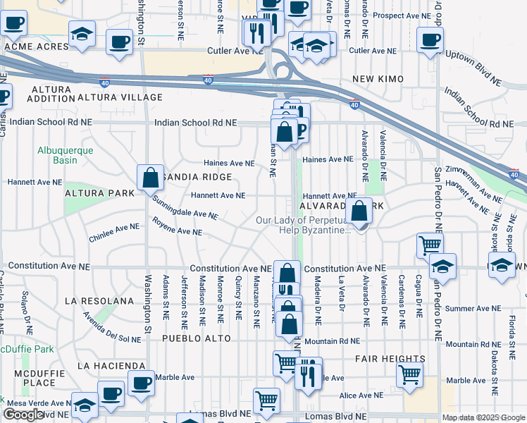 map of restaurants, bars, coffee shops, grocery stores, and more near 1201 Quincy Street Northeast in Albuquerque