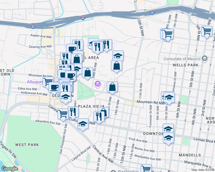 map of restaurants, bars, coffee shops, grocery stores, and more near 1523 Mountain Road Northwest in Albuquerque