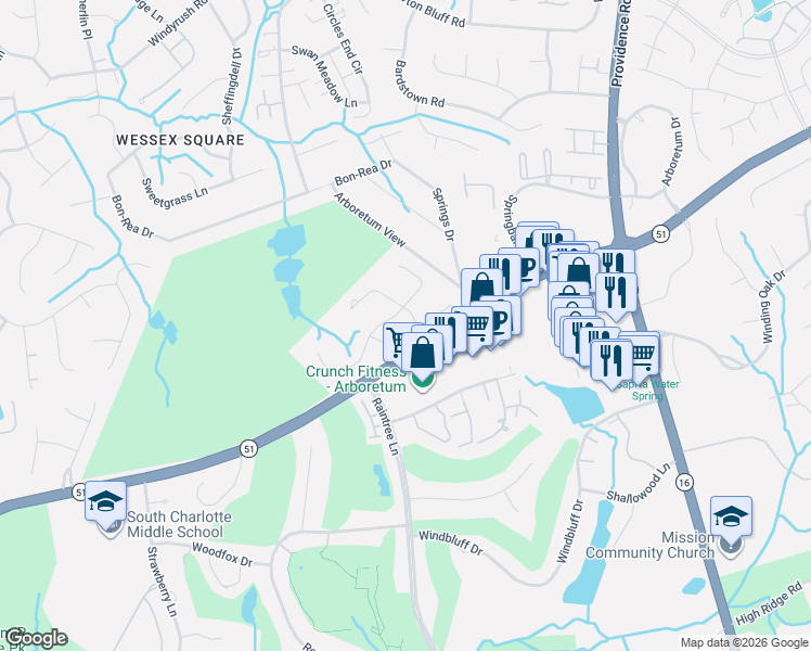 map of restaurants, bars, coffee shops, grocery stores, and more near 7826 Ridgeloch Place in Charlotte