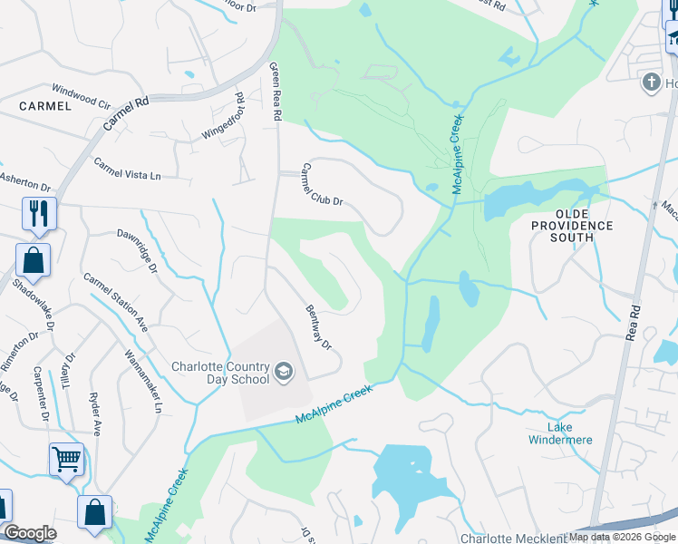 map of restaurants, bars, coffee shops, grocery stores, and more near 5815 Bentway Drive in Charlotte