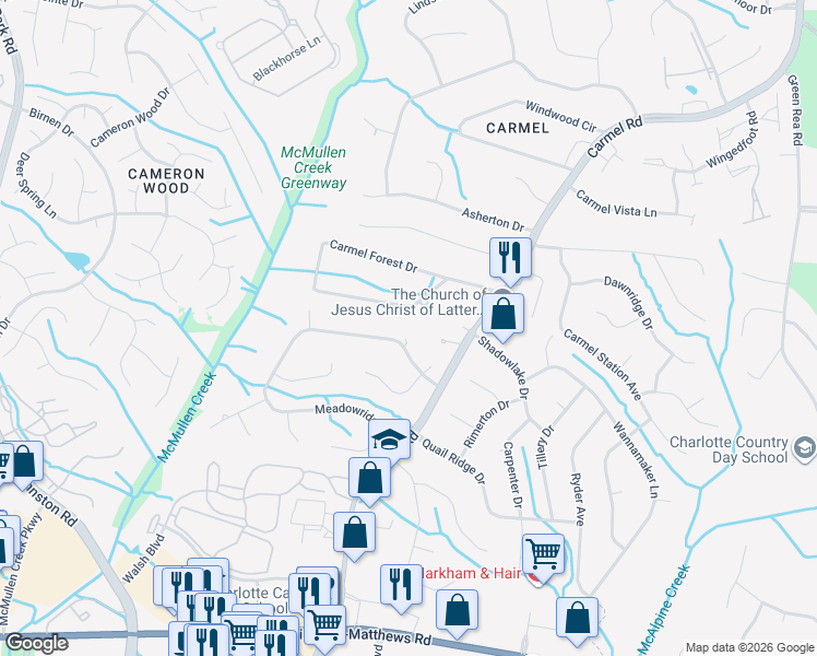 map of restaurants, bars, coffee shops, grocery stores, and more near 3915 Meadowridge Drive in Charlotte