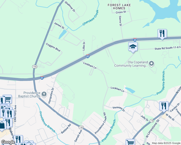 map of restaurants, bars, coffee shops, grocery stores, and more near 483 Lockhart Lane in Gaffney