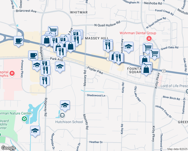map of restaurants, bars, coffee shops, grocery stores, and more near 1875 Camberley Circle in Memphis