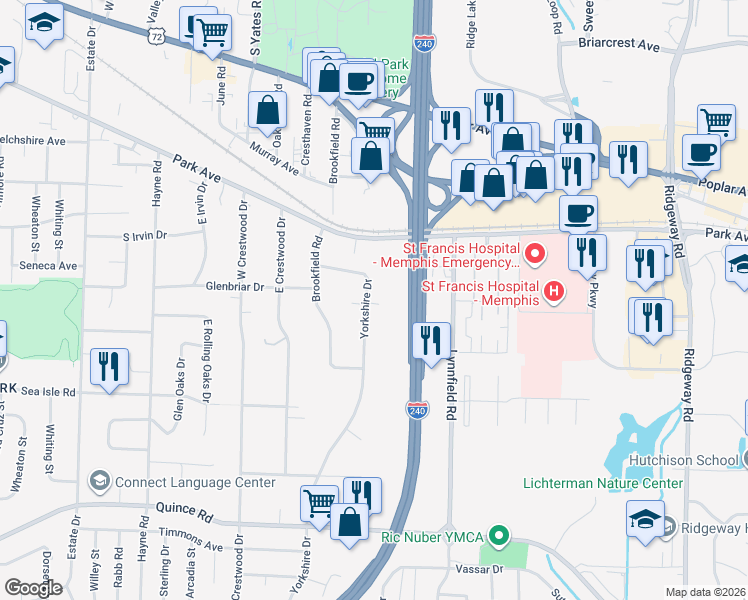 map of restaurants, bars, coffee shops, grocery stores, and more near 1261 Yorkshire Drive in Memphis