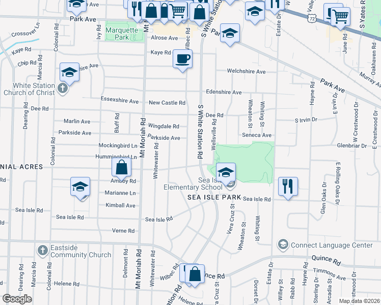 map of restaurants, bars, coffee shops, grocery stores, and more near 1272 Wilbec Road in Memphis