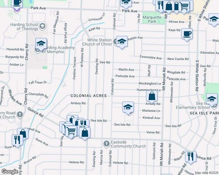 map of restaurants, bars, coffee shops, grocery stores, and more near 1269 Colonial Road in Memphis