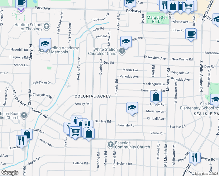 map of restaurants, bars, coffee shops, grocery stores, and more near 1269 Colonial Road in Memphis